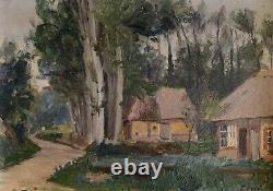 Ancien Tableau paysage maisons foret arbres Frederic Louis Levé impressionniste
