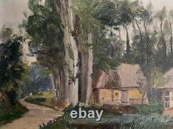 Ancien Tableau paysage maisons foret arbres Frederic Louis Levé impressionniste