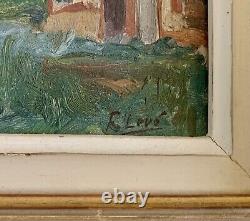 Ancien Tableau paysage maisons foret arbres Frederic Louis Levé impressionniste