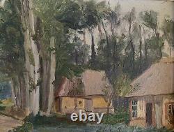 Ancien Tableau paysage maisons foret arbres Frederic Louis Levé impressionniste