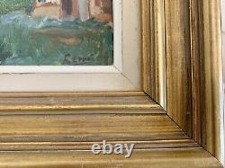 Ancien Tableau paysage maisons foret arbres Frederic Louis Levé impressionniste