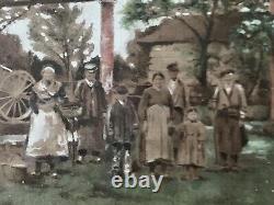 Ancien Tableau peinture portrait famille femme enfant fermiers paysage réalisme
