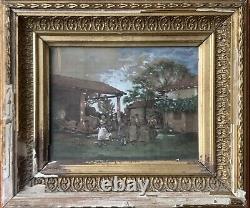 Ancien Tableau peinture portrait famille femme enfant fermiers paysage réalisme