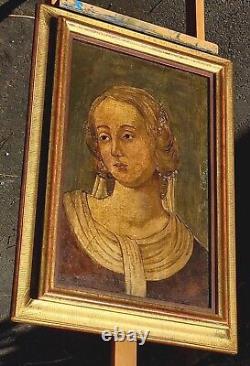 Ancien Tableau signé Femme de la Noblesse Peinture huile sur panneau de bois