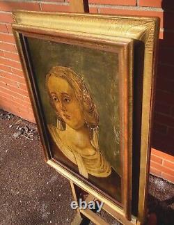 Ancien Tableau signé Femme de la Noblesse Peinture huile sur panneau de bois