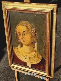 Ancien Tableau signé Femme de la Noblesse Peinture huile sur panneau de bois