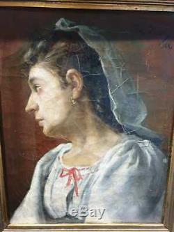Ancien Taleau, Peinture, Xixeme, Huile Sur Toile, Portrait De Femme, Signe, Date 1880