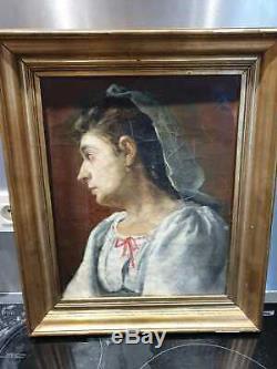 Ancien Taleau, Peinture, Xixeme, Huile Sur Toile, Portrait De Femme, Signe, Date 1880