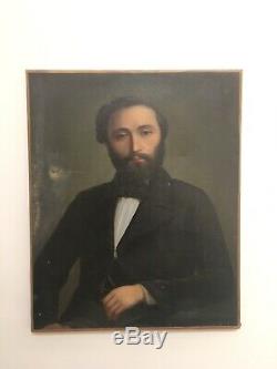 Ancien XIX Grand Portrait Jeune Homme, Peinture Tableau Huile Sur Toile