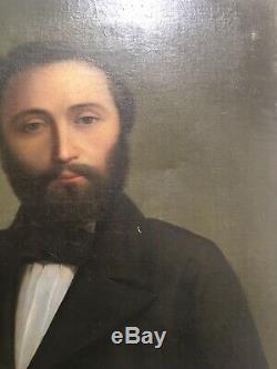 Ancien XIX Grand Portrait Jeune Homme, Peinture Tableau Huile Sur Toile