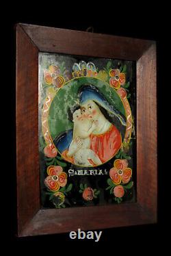 Ancien fixé peinture à l'huile sur verre inversé / Art Populaire Alsace Maria