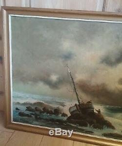 Ancien grand tableau Sylvain sauvage navire echoué marine huile sur toile signé