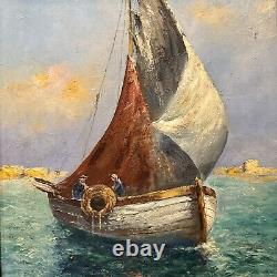 Ancien grand tableau huile sur bois marine bateau de peche cote méditerranéenne