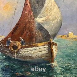 Ancien grand tableau huile sur bois marine bateau de peche cote méditerranéenne