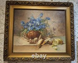 Ancien grand tableau signé huile sur toile peinture nature morte cadre doré déco