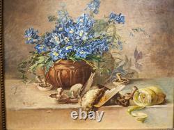 Ancien grand tableau signé huile sur toile peinture nature morte cadre doré déco