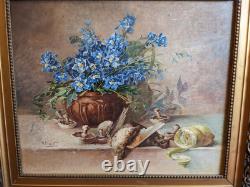 Ancien grand tableau signé huile sur toile peinture nature morte cadre doré déco