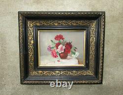 Ancien magnifique tableau XIXe signé, bouquet de fleurs, oillets, Napoléon III