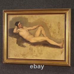 Ancien nu masculin portrait homme tableau huile sur papier peinture 800 cadre