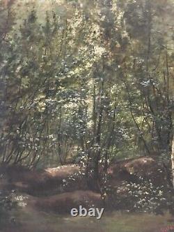 Ancien paysage école de Barbizon XIX ème signé Gillot Fontainebleau foret arbre