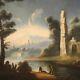 Ancien Paysage Pêcheurs Peinture Ruines Caprice Tableau Huile Sur Toile 700