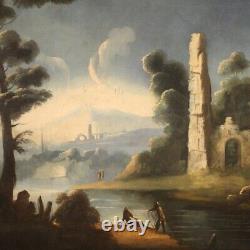 Ancien paysage pêcheurs peinture ruines caprice tableau huile sur toile 700