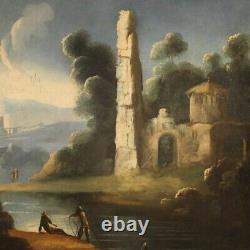 Ancien paysage pêcheurs peinture ruines caprice tableau huile sur toile 700
