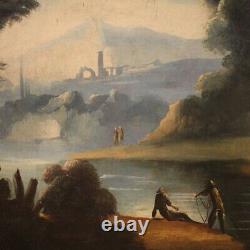 Ancien paysage pêcheurs peinture ruines caprice tableau huile sur toile 700