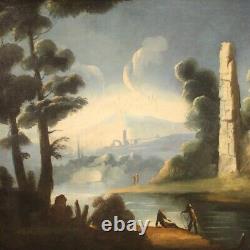 Ancien paysage pêcheurs peinture ruines caprice tableau huile sur toile 700