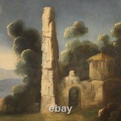 Ancien paysage pêcheurs peinture ruines caprice tableau huile sur toile 700
