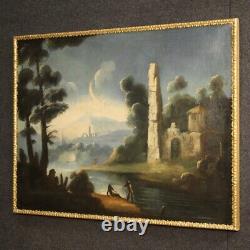 Ancien paysage pêcheurs peinture ruines caprice tableau huile sur toile 700