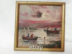 Ancien petit tableau paysage marin huile sur toile cartonné