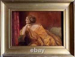 Ancien petit tableau peinture à l'huile / femme, actrice, rêveuse / 24 x 18 cm