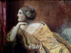 Ancien petit tableau peinture à l'huile / femme, actrice, rêveuse / 24 x 18 cm