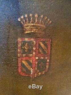 Ancien portrait de chevalier, armoiries huile sur toile