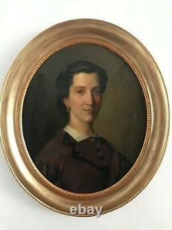 Ancien portrait de femme bourgeoise, huile sur toile époque Napoléon III, signée
