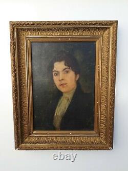 Ancien portrait de femme, huile sur toile, cadre doré, fin XIX ème s