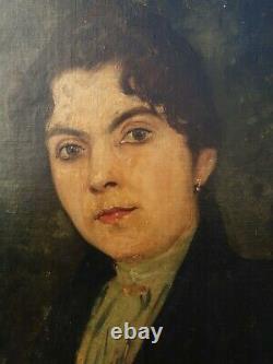 Ancien portrait de femme, huile sur toile, cadre doré, fin XIX ème s