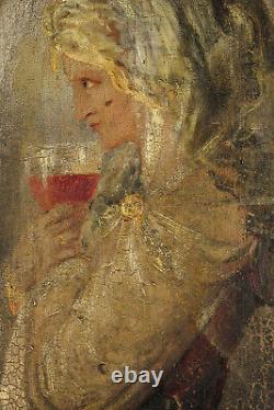 Ancien portrait de femme, peinture à l'huile sur panneau c. 1900 / Art populaire