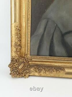 Ancien portrait de jeune fille, huile sur toile XIX ème s, superbe cadre doré