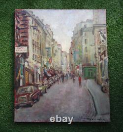Ancien superbe grand tableau Paris La rue Mouffetard huile sur toile signé 1960