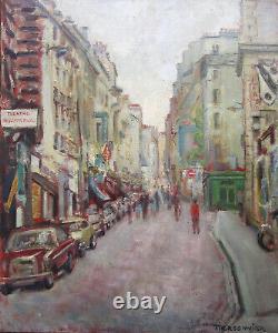 Ancien superbe grand tableau Paris La rue Mouffetard huile sur toile signé 1960