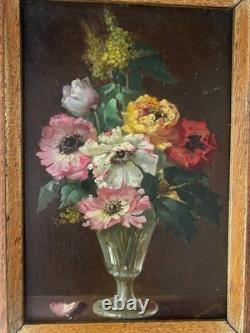 Ancien tableau BOUQUET DE FLEURS Huile sur carton Signé daté Ch. Vincardes 1886