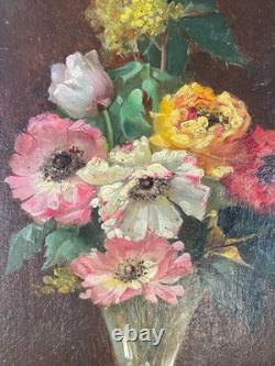 Ancien tableau BOUQUET DE FLEURS Huile sur carton Signé daté Ch. Vincardes 1886
