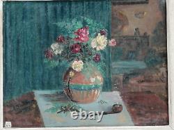 Ancien tableau BOUVIER huile sur panneau bouquet de fleurs 1942