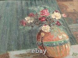 Ancien tableau BOUVIER huile sur panneau bouquet de fleurs 1942