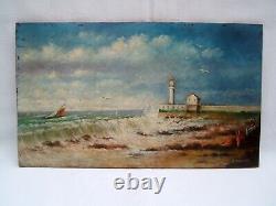 Ancien tableau Huile sur panneau bord de mer phare baigneur Emile Vachat XXème