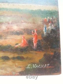 Ancien tableau Huile sur panneau bord de mer phare baigneur Emile Vachat XXème