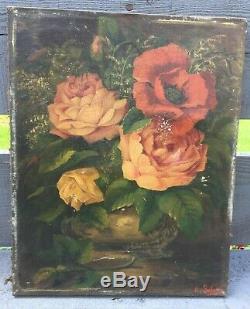 Ancien tableau Huile sur toile Bouquet Fleurs Signé À Restaurer