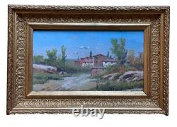 Ancien tableau Paysage village méridional, huile sur panneau 19ème cadre doré